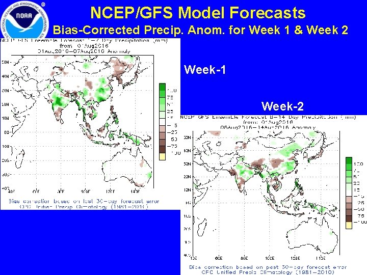 NCEP/GFS Model Forecasts Bias-Corrected Precip. Anom. for Week 1 & Week 2 Week-1 Week-2