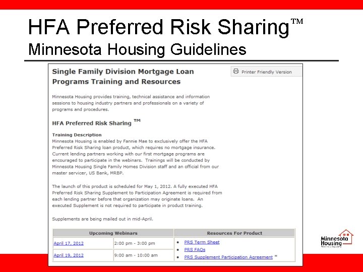 HFA Preferred Risk Sharing Minnesota Housing Guidelines 