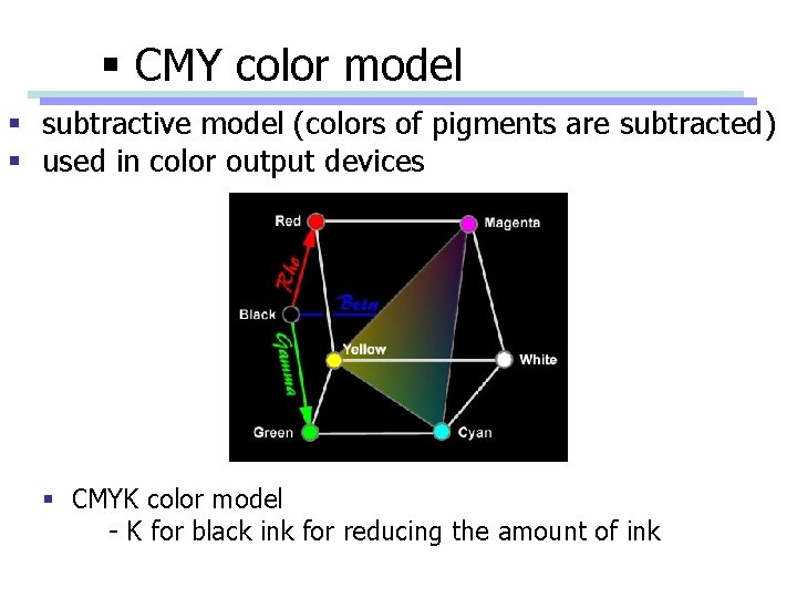 § CMY color model § subtractive model (colors of pigments are subtracted) § used