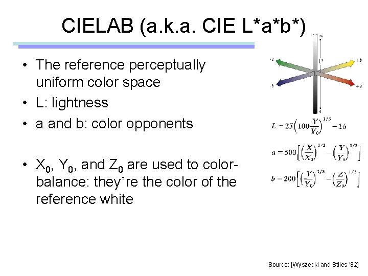 CIELAB (a. k. a. CIE L*a*b*) • The reference perceptually uniform color space •