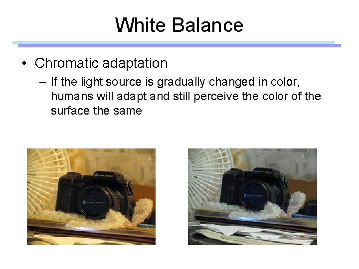 White Balance • Chromatic adaptation – If the light source is gradually changed in