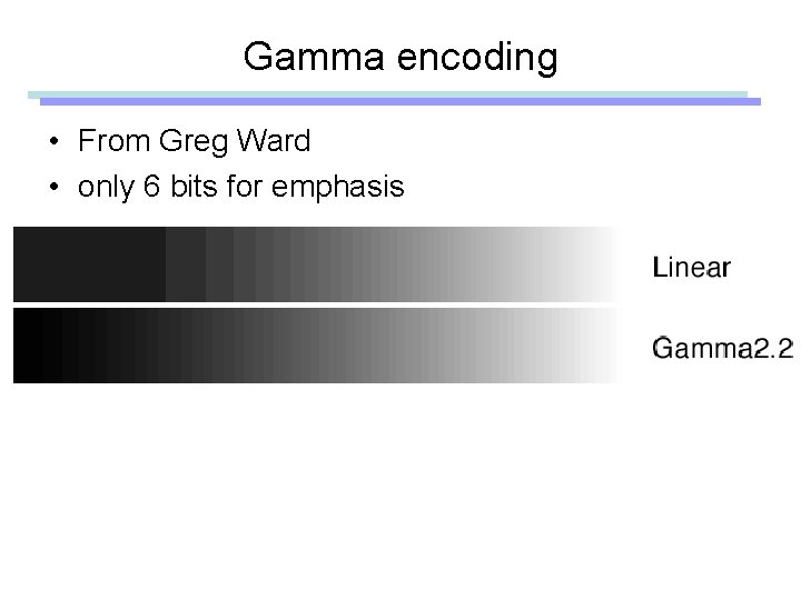 Gamma encoding • From Greg Ward • only 6 bits for emphasis 