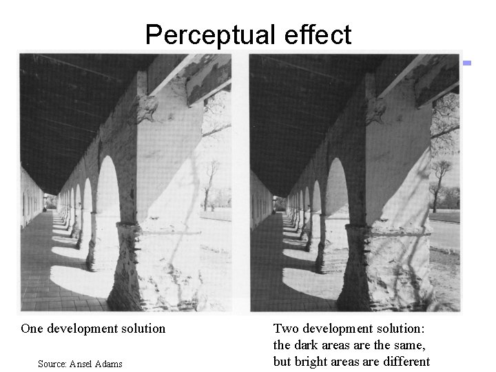 Perceptual effect One development solution Source: Ansel Adams Two development solution: the dark areas
