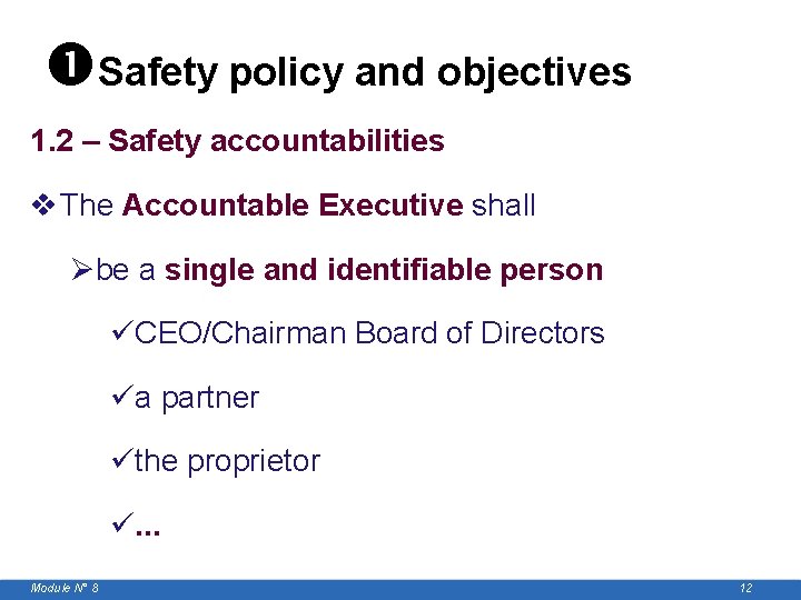  Safety policy and objectives 1. 2 – Safety accountabilities v The Accountable Executive