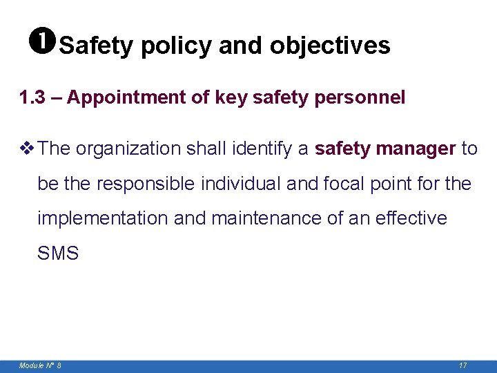  Safety policy and objectives 1. 3 – Appointment of key safety personnel v