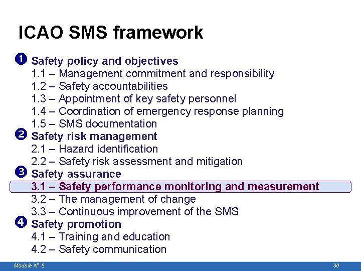 ICAO SMS framework Safety policy and objectives 1. 1 – Management commitment and responsibility