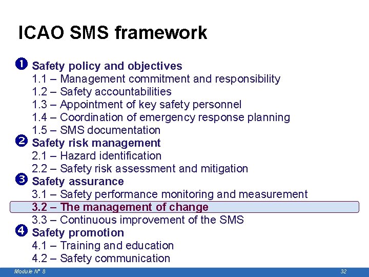 ICAO SMS framework Safety policy and objectives 1. 1 – Management commitment and responsibility