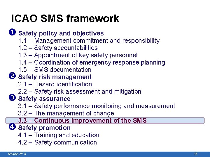 ICAO SMS framework Safety policy and objectives 1. 1 – Management commitment and responsibility