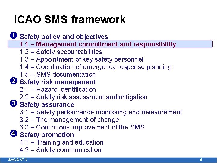 ICAO SMS framework Safety policy and objectives 1. 1 – Management commitment and responsibility