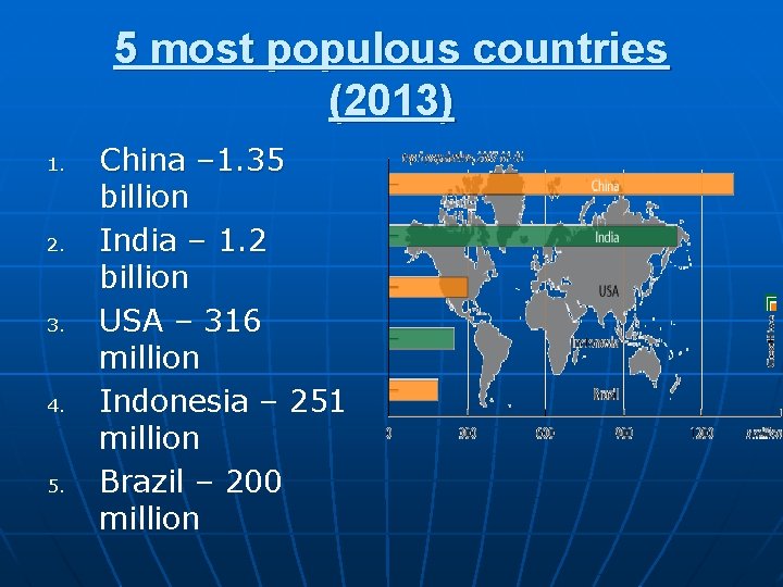 5 most populous countries (2013) 1. 2. 3. 4. 5. China – 1. 35