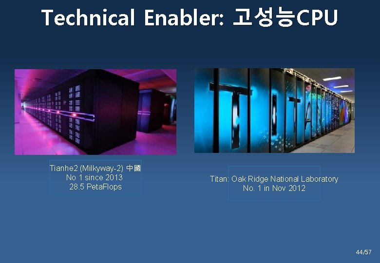 Technical Enabler: 고성능CPU Tianhe 2 (Milkyway-2) 中國 No 1 since 2013 28. 5 Peta.