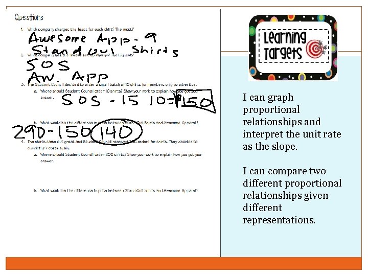 I can graph proportional relationships and interpret the unit rate as the slope. I