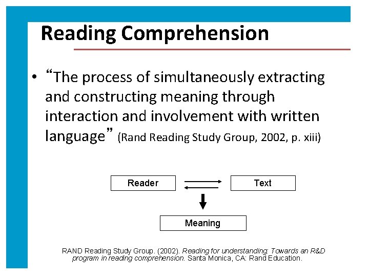 Reading Comprehension • “The process of simultaneously extracting and constructing meaning through interaction and