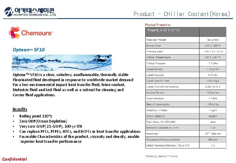 Product – Chiller Coolant(Korea) Opteon. TM SF 10 is a clear, colorless, nonflammable, thermally