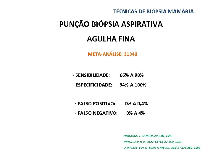 TÉCNICAS DE BIÓPSIA MAMÁRIA PUNÇÃO BIÓPSIA ASPIRATIVA AGULHA FINA META-ANÁLISE: 31340 - SENSIBILIDADE: 65%