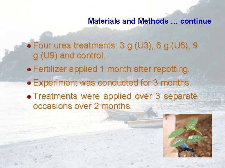 Materials and Methods … continue Four urea treatments: 3 g (U 3), 6 g