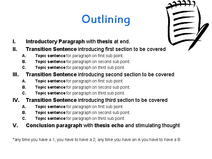 Outlining I. II. Introductory Paragraph with thesis at end. Transition Sentence introducing first section