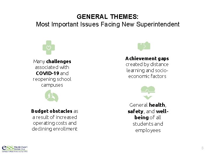 GENERAL THEMES: Most Important Issues Facing New Superintendent Many challenges associated with COVID-19 and