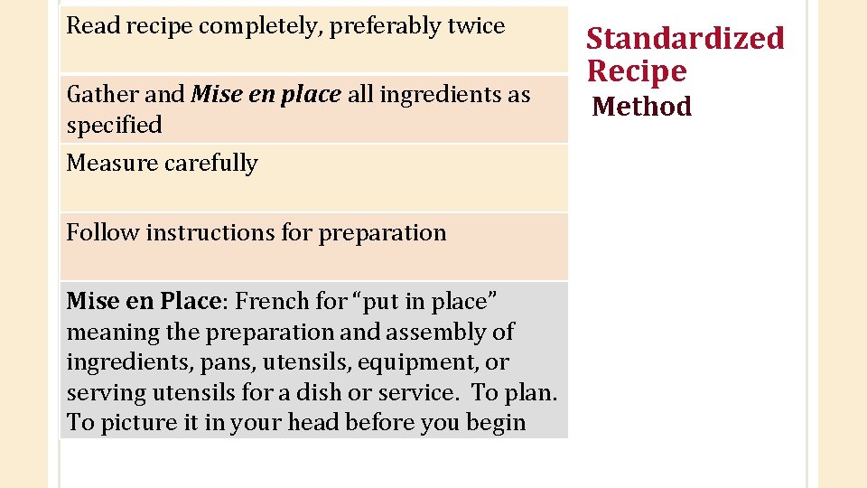 Read recipe completely, preferably twice Gather and Mise en place all ingredients as specified