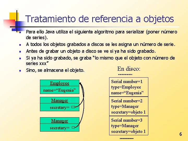 Tratamiento de referencia a objetos n n n Para ello Java utiliza el siguiente