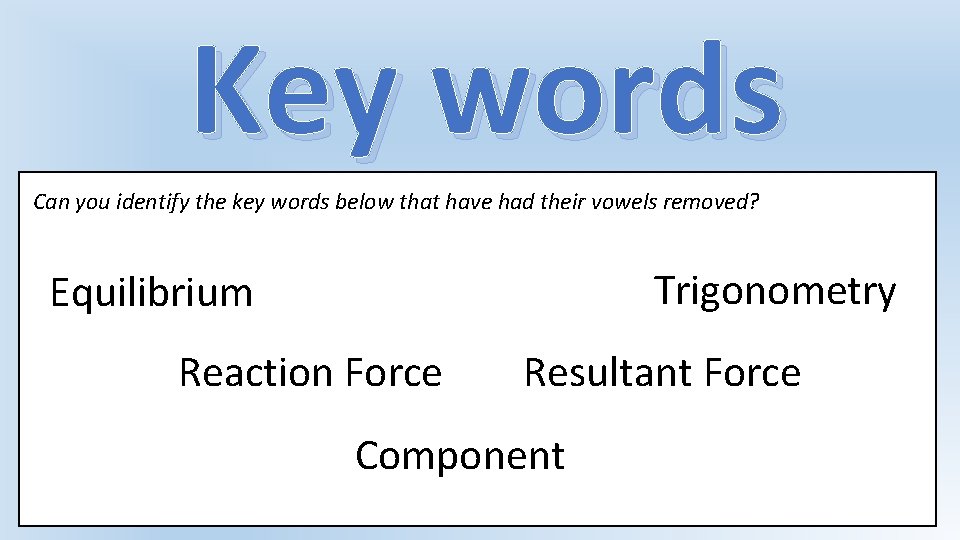 Key words Can you identify the key words below that have had their vowels