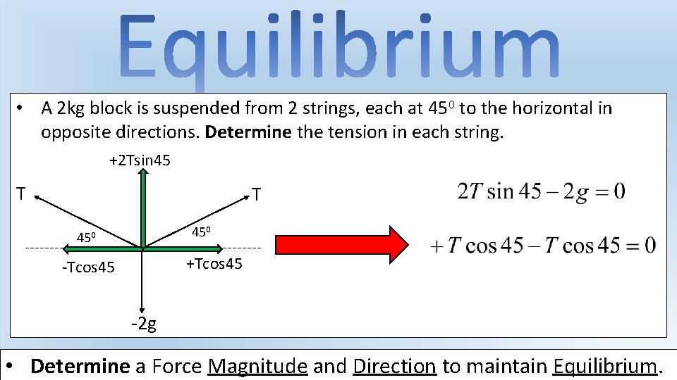  • A 2 kg block is suspended from 2 strings, each at 450