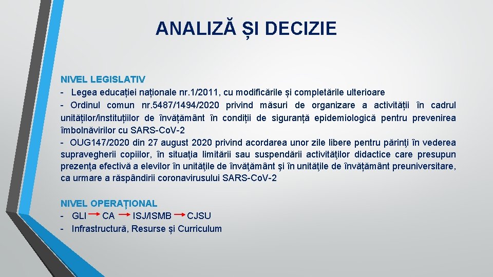 ANALIZĂ ȘI DECIZIE NIVEL LEGISLATIV - Legea educației naționale nr. 1/2011, cu modificările și