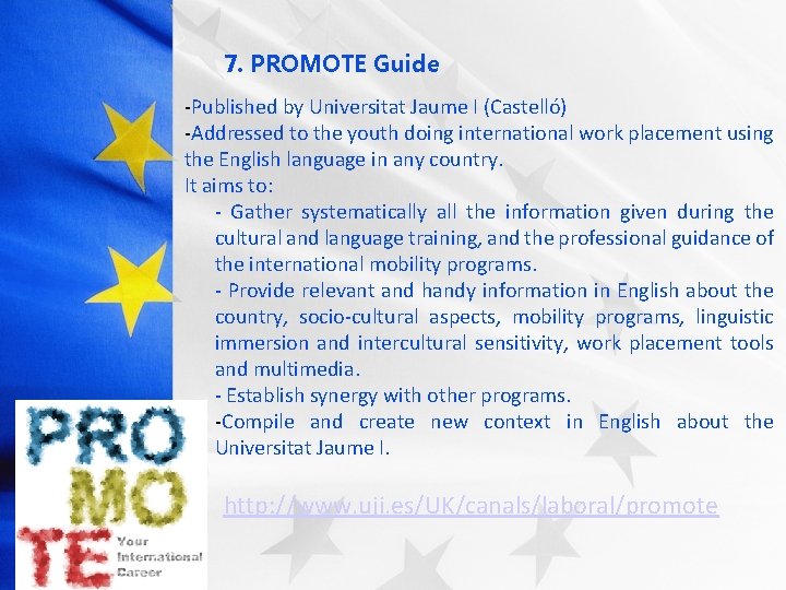 7. PROMOTE Guide -Published by Universitat Jaume I (Castelló) -Addressed to the youth doing