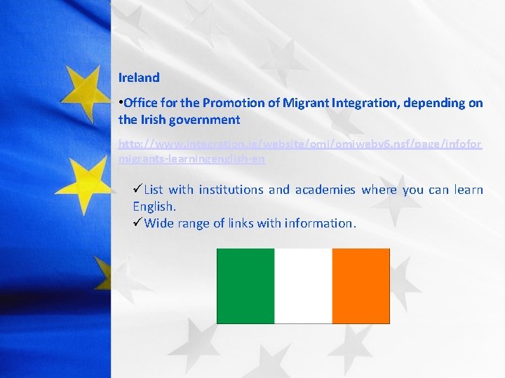 Ireland • Office for the Promotion of Migrant Integration, depending on the Irish government