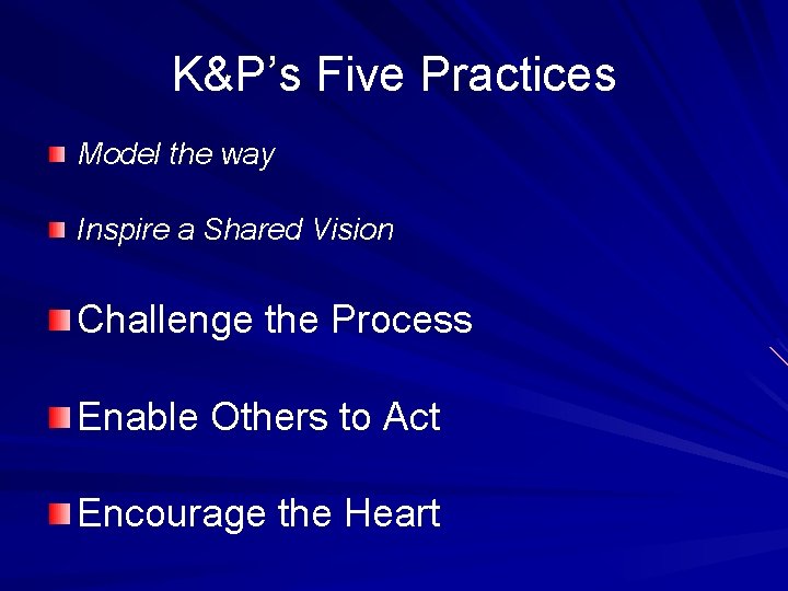 K&P’s Five Practices Model the way Inspire a Shared Vision Challenge the Process Enable
