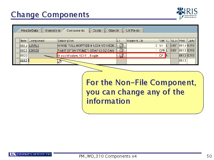 Change Components For the Non-File Component, you can change any of the information PM_WO_310