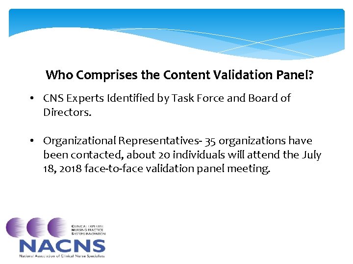 Who Comprises the Content Validation Panel? • CNS Experts Identified by Task Force and Who Comprises the Content Validation Panel? • CNS Experts Identified by Task Force and