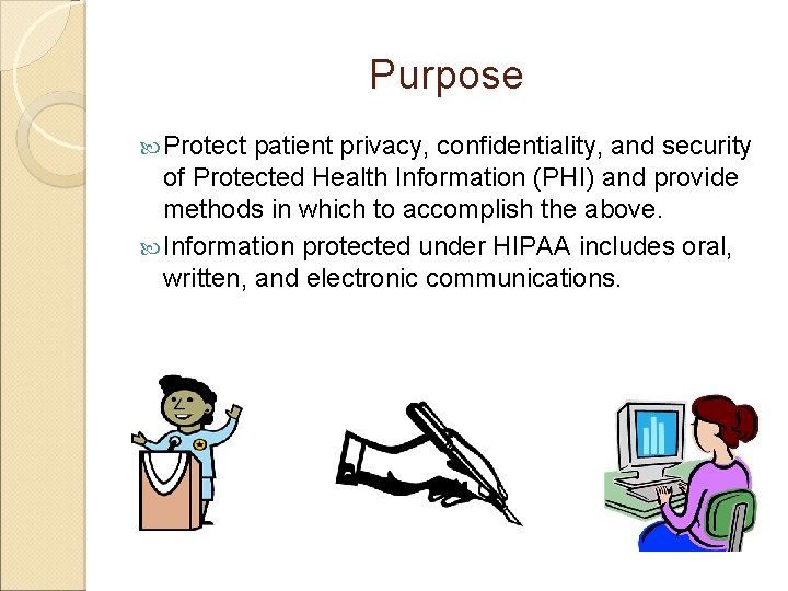 Purpose Protect patient privacy, confidentiality, and security of Protected Health Information (PHI) and provide