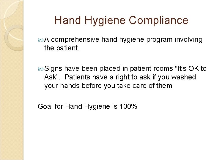 Hand Hygiene Compliance A comprehensive hand hygiene program involving the patient. Signs have been