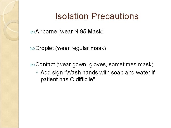 Isolation Precautions Airborne Droplet Contact (wear N 95 Mask) (wear regular mask) (wear gown,