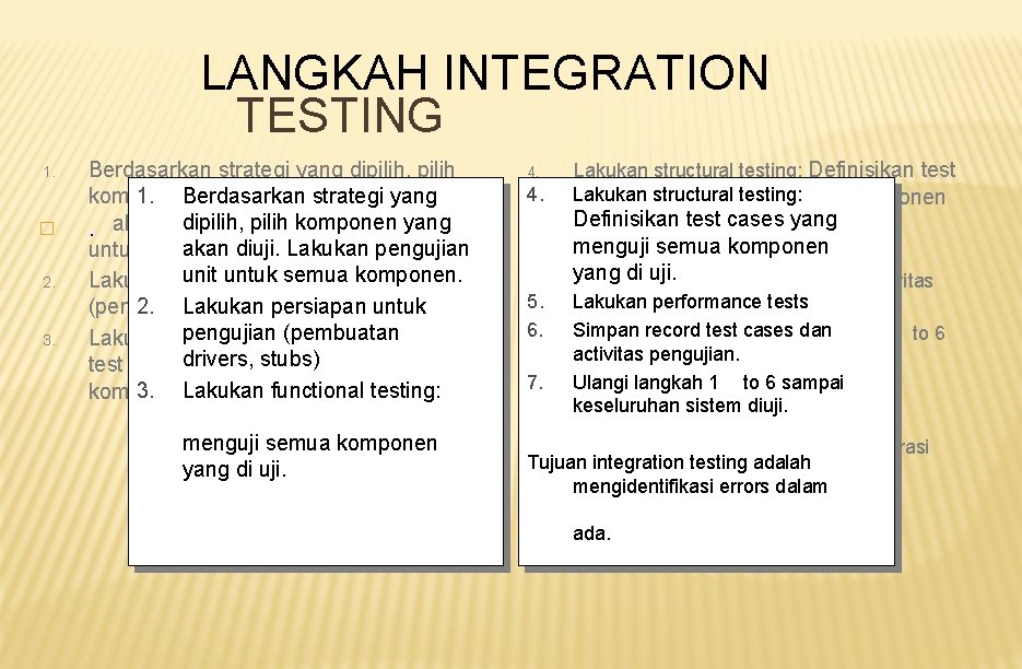 LANGKAH INTEGRATION TESTING 1. � 2. 3. Berdasarkan strategi yang dipilih, pilih 1. Berdasarkan