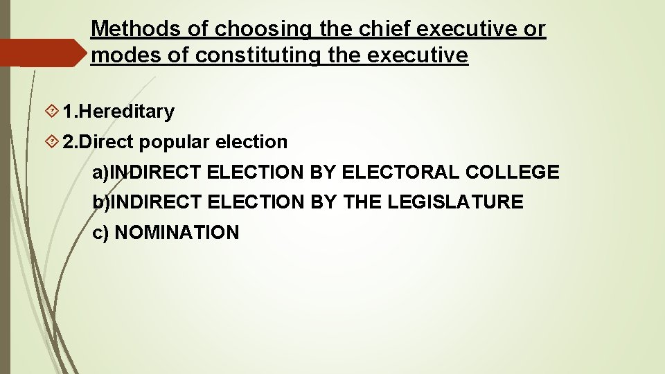 Methods of choosing the chief executive or modes of constituting the executive 1. Hereditary Methods of choosing the chief executive or modes of constituting the executive 1. Hereditary