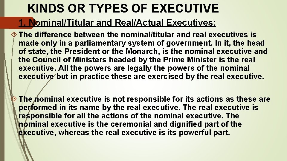 KINDS OR TYPES OF EXECUTIVE 1. Nominal/Titular and Real/Actual Executives: The difference between the KINDS OR TYPES OF EXECUTIVE 1. Nominal/Titular and Real/Actual Executives: The difference between the