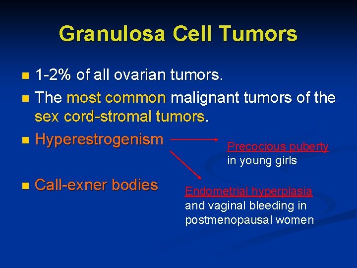 Granulosa Cell Tumors 1 -2% of all ovarian tumors. n The most common malignant