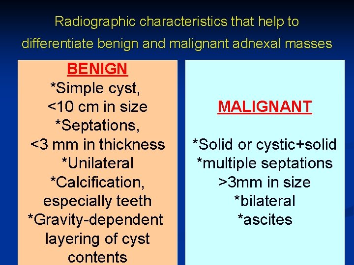 Radiographic characteristics that help to differentiate benign and malignant adnexal masses BENIGN *Simple cyst,