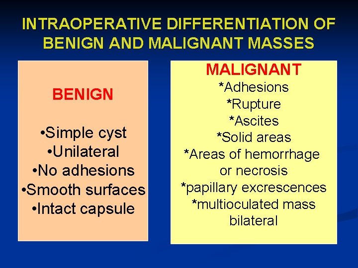 INTRAOPERATIVE DIFFERENTIATION OF BENIGN AND MALIGNANT MASSES MALIGNANT BENIGN • Simple cyst • Unilateral