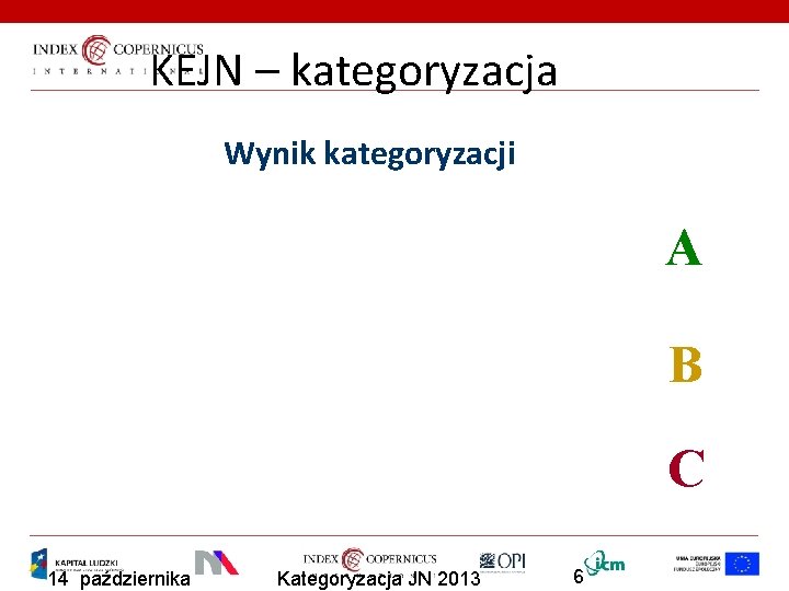 KEJN – kategoryzacja Wynik kategoryzacji A B C 14 października Kategoryzacja JN 2013 6