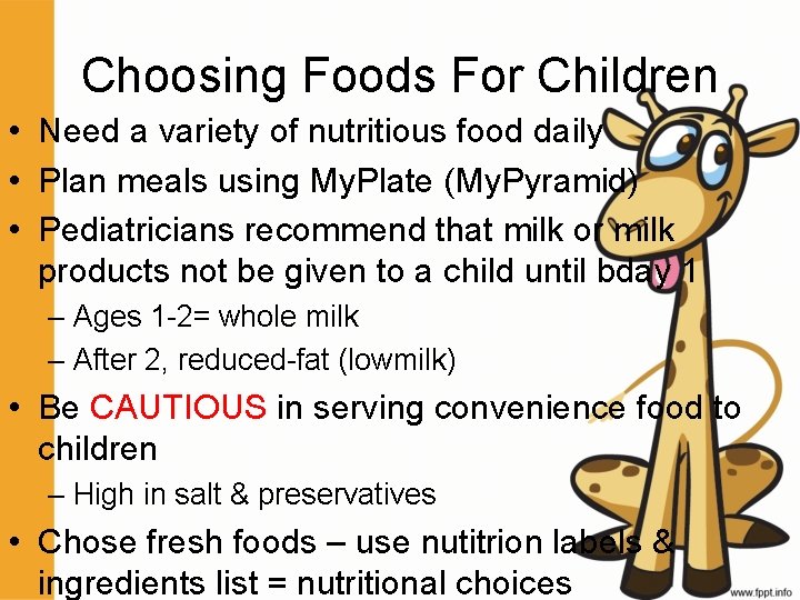 Choosing Foods For Children • Need a variety of nutritious food daily • Plan