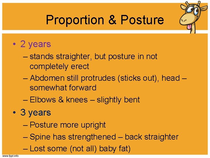 Proportion & Posture • 2 years – stands straighter, but posture in not completely