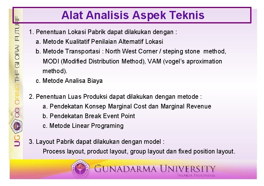 Alat Analisis Aspek Teknis 1. Penentuan Lokasi Pabrik dapat dilakukan dengan : a. Metode