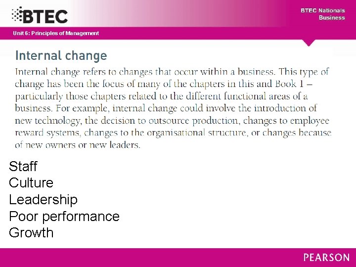 Unit 6: Principles of Management Staff Culture Leadership Poor performance Growth 