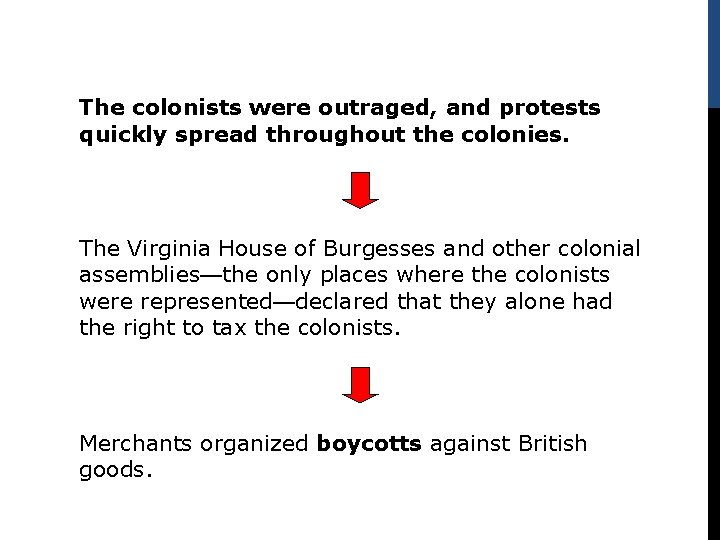 The colonists were outraged, and protests quickly spread throughout the colonies. The Virginia House