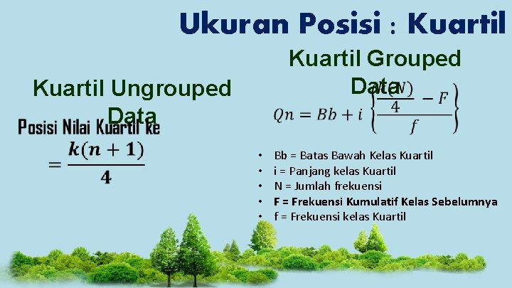 Ukuran Posisi : Kuartil Grouped Data Kuartil Ungrouped Data • • • Bb =