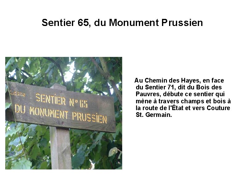 Sentier 65, du Monument Prussien Au Chemin des Hayes, en face du Sentier 71,