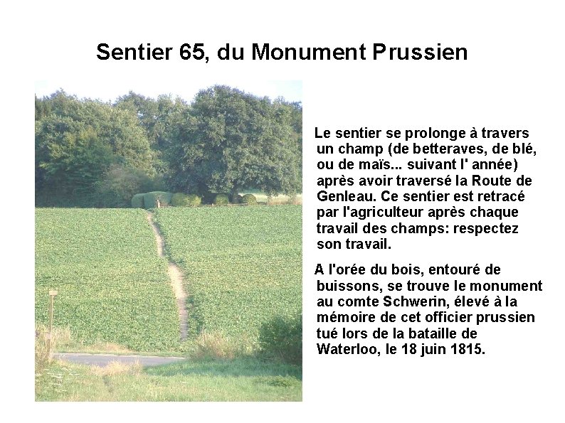 Sentier 65, du Monument Prussien Le sentier se prolonge à travers un champ (de
